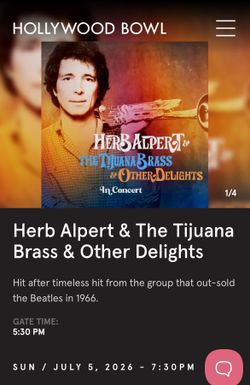 2 tickets to see Herb Albert at the Hollywood Bowl
