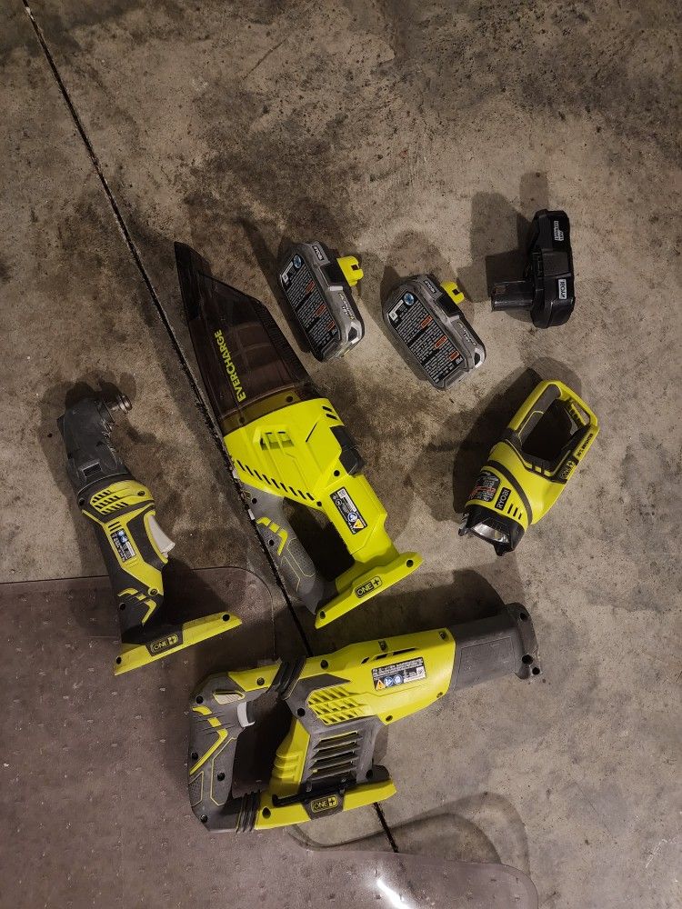 Ryobi Tools (Sawsall, Oscillating Multi Tool, Vacuum, Light) & Battery