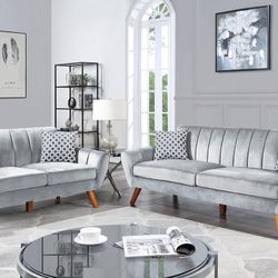 Brand New Light Gray Mid-Century Style Sofa And Love Seat