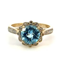 Woman’s Ladies 14k Yellow Gold Blue Topaz And Diamond Ring Size 7 GP3109492