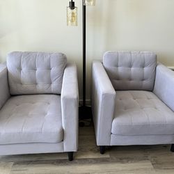 Two Upholstered Gray Velvet Club Style Living Room Accent Chairs
