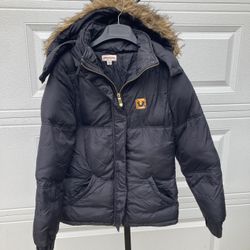 True Religion Black Quilted Puffer Coat With Faux Fur Trim 