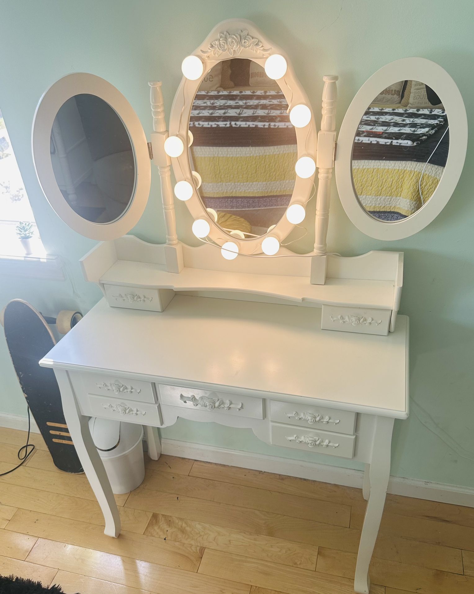 White Wood Vanity w/ Added Amazon Lights on Middle Mirror