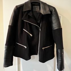 Anne Fontaine Wool Lambskin Black Motorcycle Jacket Size 42