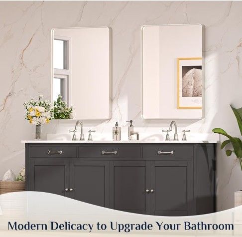 NIB Brushed Nickel Mirror 24 x 32 Inch Silver Bathroom Mirror for Over Sink, Rounded Rectangle Farmhouse Vanity Mirror, HD Tempered Glass Wall Mirror,