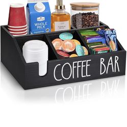 Coffee Station Organizer Wooden Coffee Bar Accessories and Organizer for Countertop, Coffee Pods Holder Storage Basket, Coffee and Tea Condiment Stora