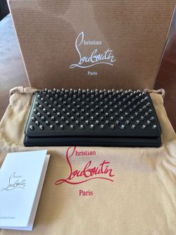 Christian Louboutin Macaron Studded Wallet Clutch Black Leather Gunmetal Spikes w/ Box
