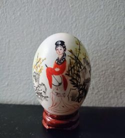 Vintage Chinese Hand Painted Egg w/ Lady of the Court in Landscape & wooden stand.