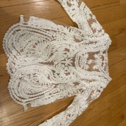 White Lace Long Sleeve Sheer Top Floral Embroidered Elegant