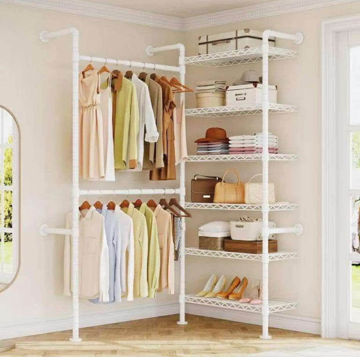 Wall Mounted Clothes Rack, Industrial Pipe Closet Organizers System with 2 Telescopic Rod & 6 Shelves