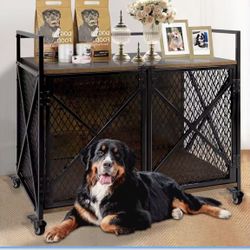 41" Dog Crate Indoor Furniture-Style for Large & Medium Dogs, Heavy Duty Wooden Indoor Dog Cage with 4 Lockable Wheels &Cushion for Living Room, Bedro