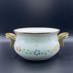 Vintage M. Kamenstein Floral Enamelware Pot With Brass Handles 