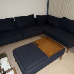 Modern L-Shaped Sectional Sofa with Ottoman – Navy Blue