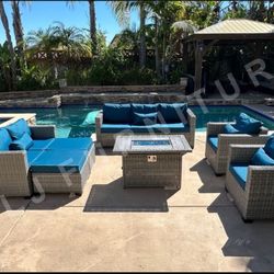 NEW🔥Outdoor Patio Furniture HDPE WICKER Grey with Peacock Blue 4" cushions and Firepit - ASSEMBLED