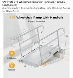 Wheelchair Ramp 5ft with Handrails, 1200LBS Load Capacity
Aluminum Alloy, Triple Anti-Slip Surface, Safe Handicap Access for Home Steps