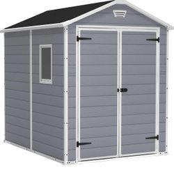 New In Box -6x8 Foot All Weather Garden Tool Outdoor Storage Shed with Lockable Double Doors, Fixed Window and Wood-look Resin Walls, Grey