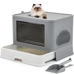 BingoPaw Large Cat Litter Box: Kitty Covered Top Entry Litter Tray Pan with Self-Groomer and Lid - Indoor Foldable Litterbox with Drawer for Small Med