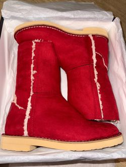 Size 6 Moschino Red Suede Shearling Mid-Calf Boots