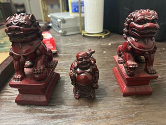 Red Resin Foo Dog and Buddha Figurine Set
