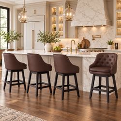 26''H Faux Leather Swivel Bar Stools with Double Cushion, Dark Reddish Brown (Set of 4)