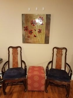 Chairs, quantity 2; dark and light wood; navy blue velvet cushion; light cleaning can be done; sturdy - $100 for both