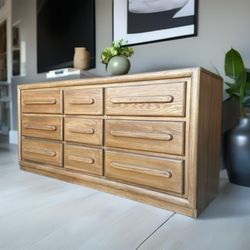 Mid century modern vintage Oak 9 Drawer Refinished Long dresser Cabinet Buffet