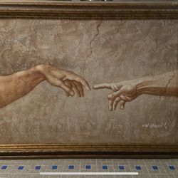 Vintage 1970s W. Hamil Impasto Painting Of Creation Of Adam 20x28”