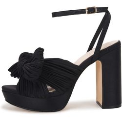 VETASTE Women's Platform Heeled Sandals Open Toe Wedding, Bridal, Chunky Block Heel, Bow Knot, Pleated, Ankle Buckle Strap, Dress Shoes