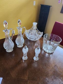 Vintage Oil/Vinegar, Salt/ Pepper, Ice Bowl, And Crystal Basket. 