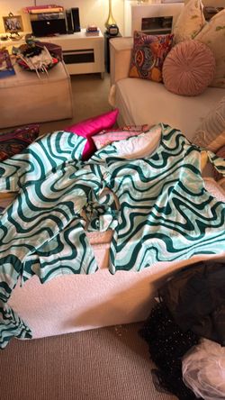 Green Swirl Print Button-Up 70s 2 piece