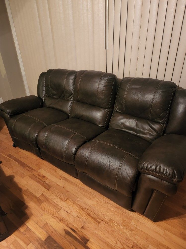 Brown Leather Living Room Set - 2 Reclining Sofa Couch 