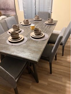 Modern 7-Piece Dining Room Set – Solid Wood Table + 6 Upholstered Chairs