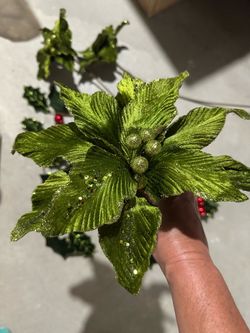 Velvet Green Glitter Poinsettia and Holly Berry Christmas Floral Stems