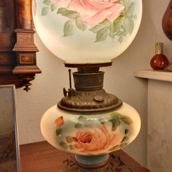 Stunning Vintage GWTW Hurricane Lamp - Hand-Painted Pink Roses, Electrified