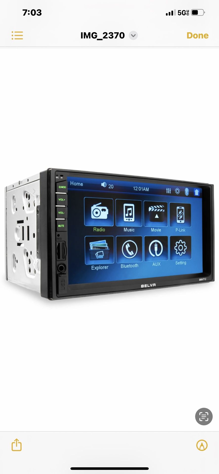 Belva BMV712 7" Double DIN Bluetooth 7" Mechless Car Stereo In-Dash Receiver