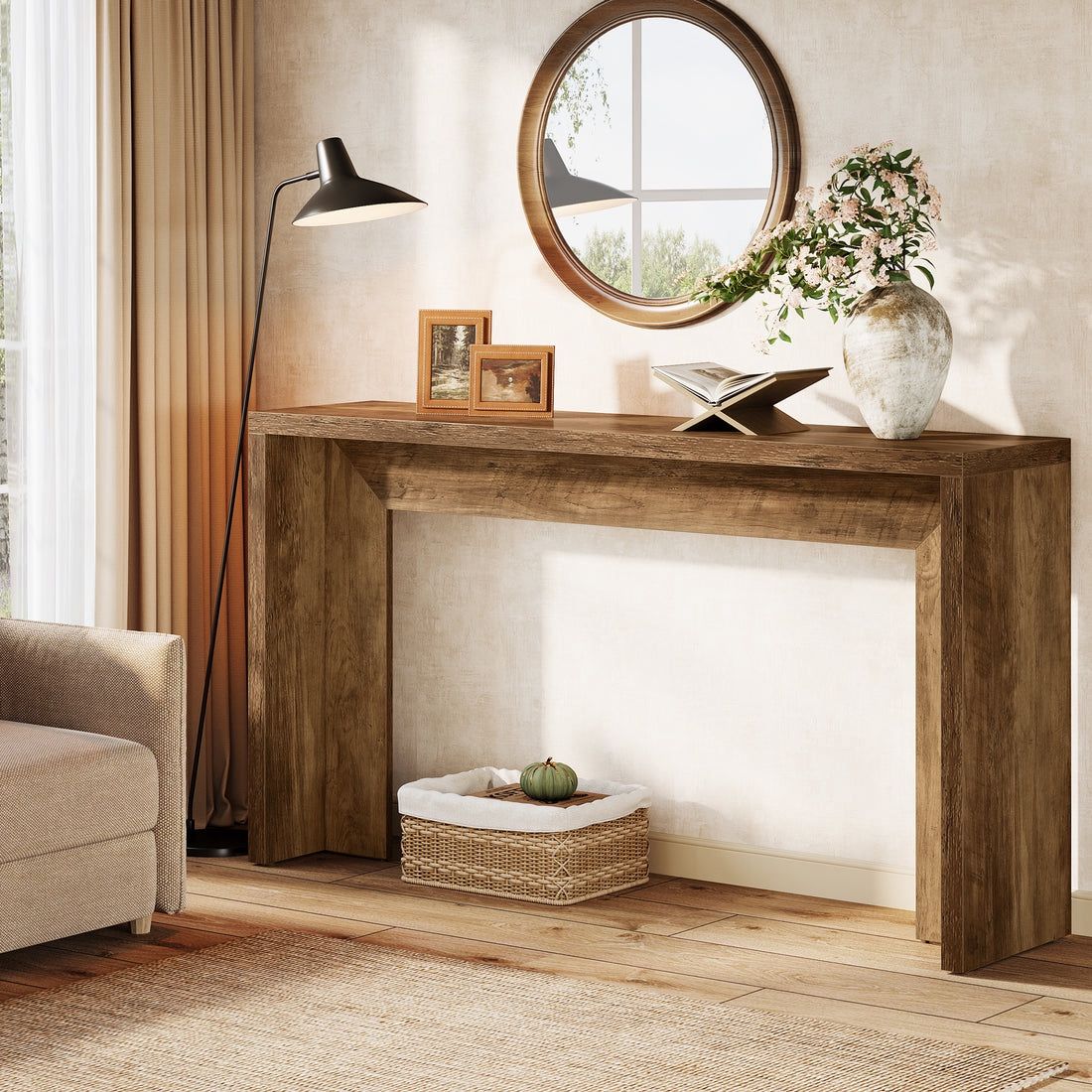 55" Rustic Console Table, Farmhouse Sofa Table Hallway Table (Rustic Brown)