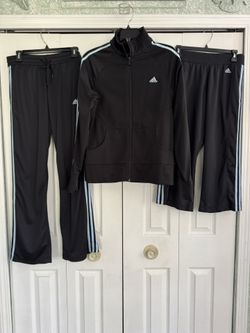 ADIDAS: TRACK SUIT Set, Black/Baby Blue, Jacket-Lrg, Pants-Med, Capri-Med, VINTAGE, Excellent