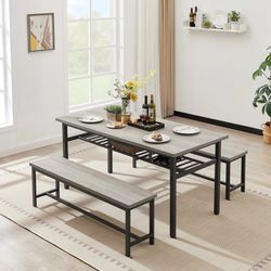 67”-Rustic Grey 3-Piece Kitchen Table with 2 Benches  [NEW] Retails For $350