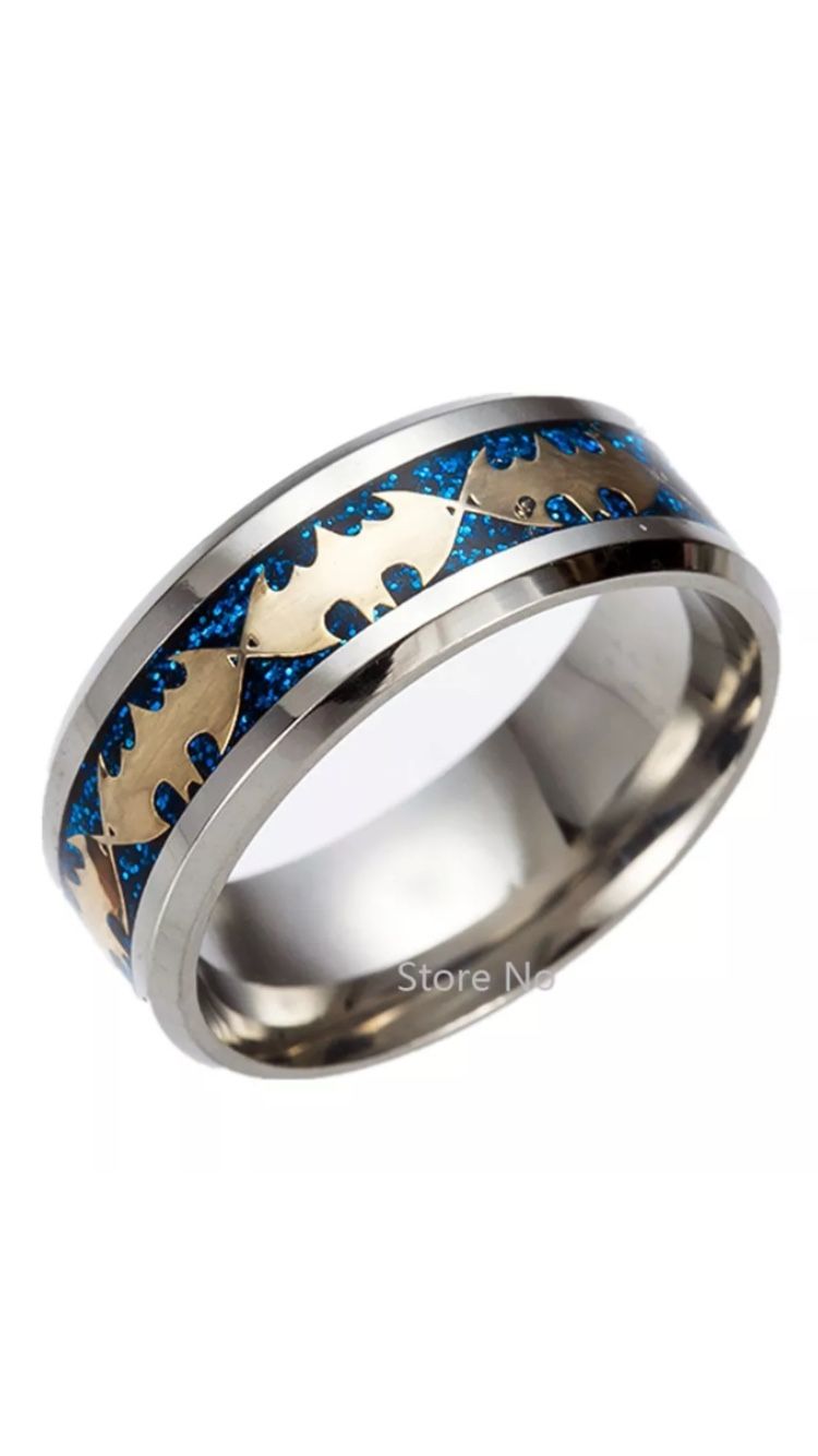 Blue Carbon Fiber Silver Batman Ring
