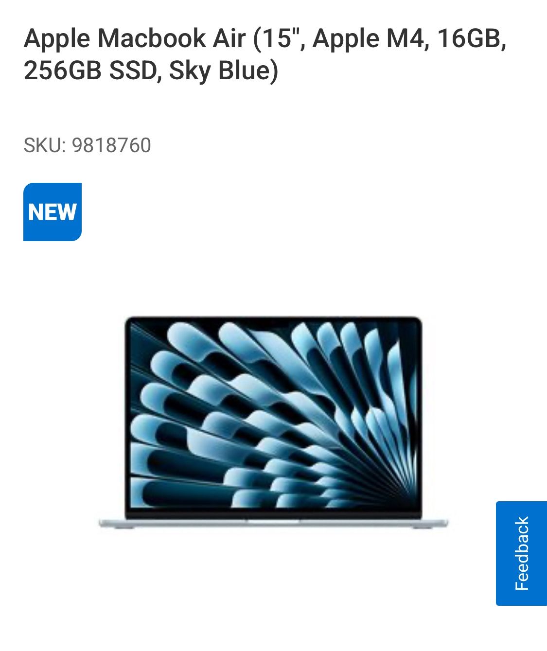 Apple Macbook Air (15", Apple M4, 16GB, 256GB SSD, Sky Blue)
