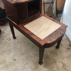 Antique Wood End Table With Arched Sliding Wood doors And Drawer
