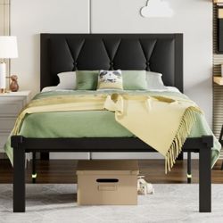 Twin Size Metal Platform Bed Frame - Faux Leather Button Tufted Headboard