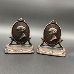 Antique Copper Cast Iron Pair Cameo Woman Girl Portrait Bust Bookends 1(contact info removed)