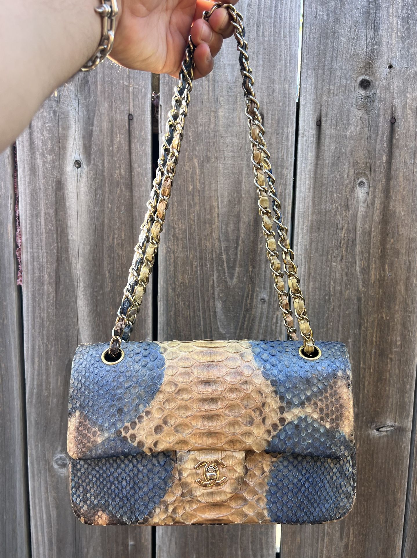 CHANEL Classic Python Leather Double Flap Handbag Purse Bag 100% Authentic RARE