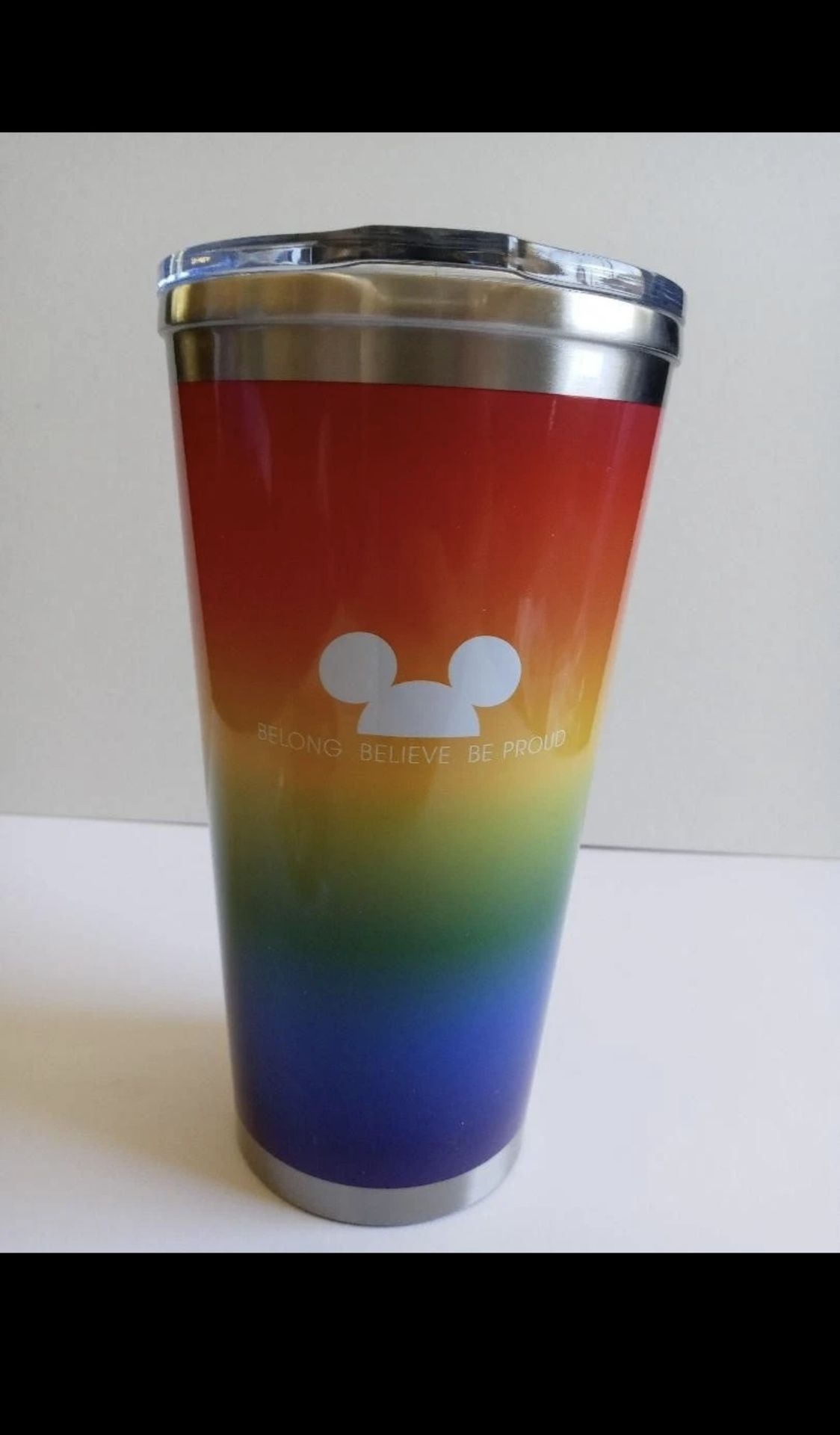 DISNEY PARKS PRIDE Mickey Mouse Belong Believe Be Proud Rainbow Tumbler Cup NEW