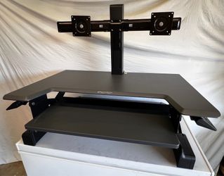 Ergotron - WorkFit-T, Standing Desk Workstation     (black with grey surface) with  Neo-Flex® Dual Monitor Lift Stand Two Monitor Mount