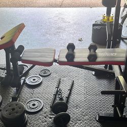 Bench, Barbell, Dumbells, And Weights
