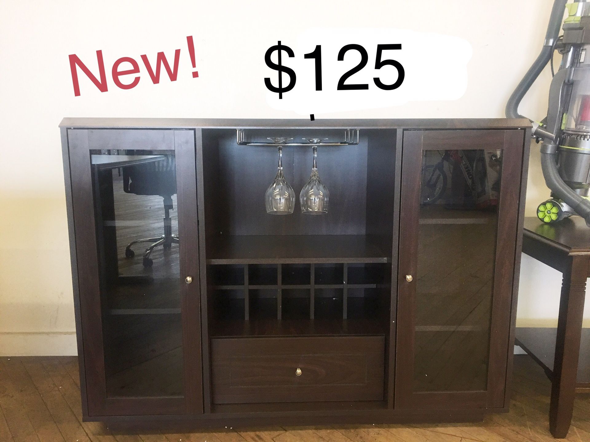New wine hutch with glass doors shelves and drawer