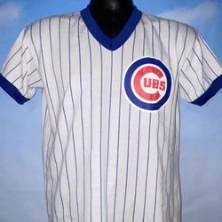 Vtg Chicago Cubs Pinstripe Ringer MLB V-Neck Baseball Tee Size S/M