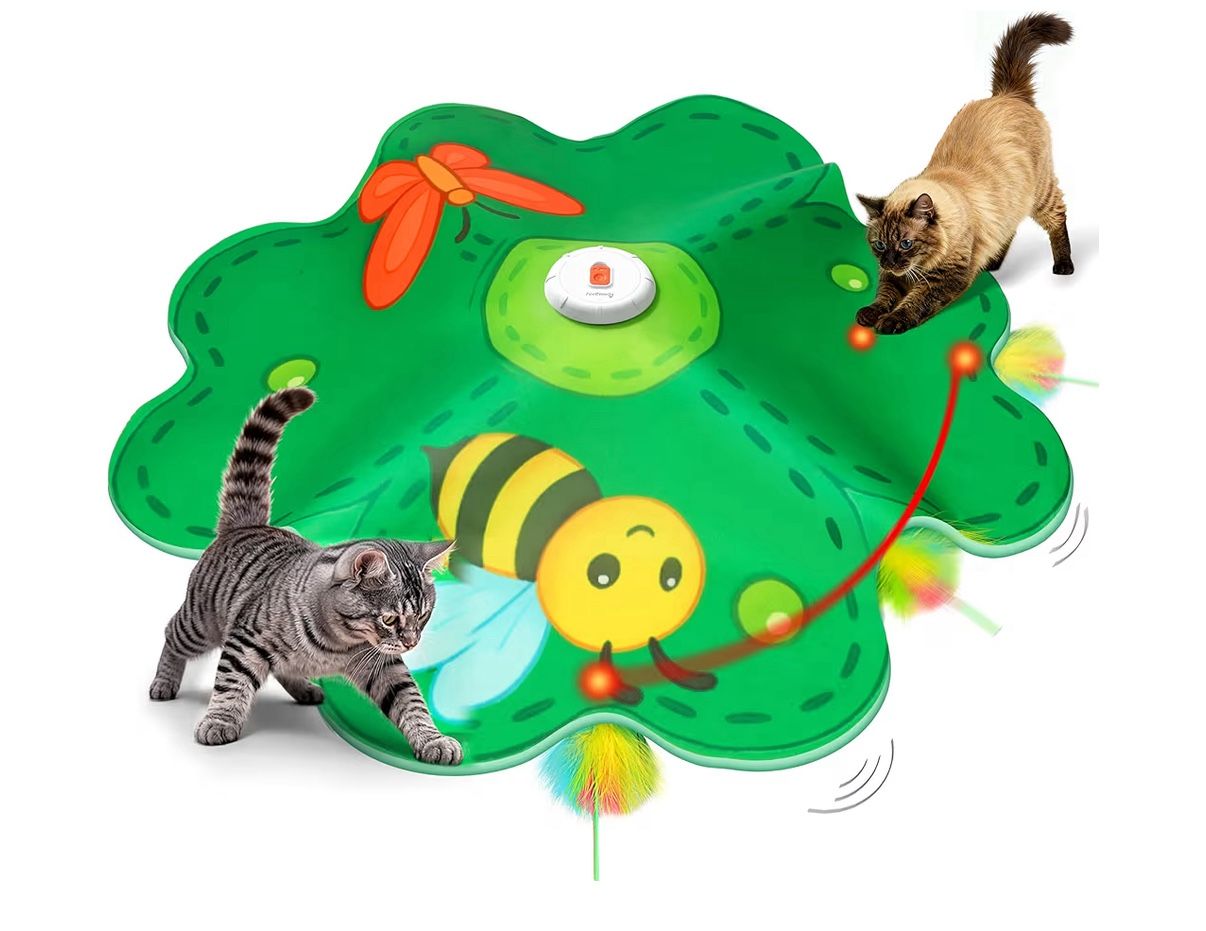 Rechargeable 2 in 1 Hide and Seek Game Interactive Cat Toy, Movable LED Red Dot, Concealed Feathers, Durable Exercise Toys